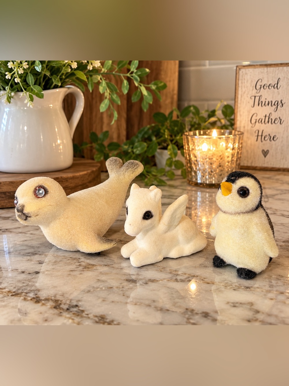 Vintage Josef Originals Flocked Animals Japan Penguin Seal Winged Fawn Set of 3